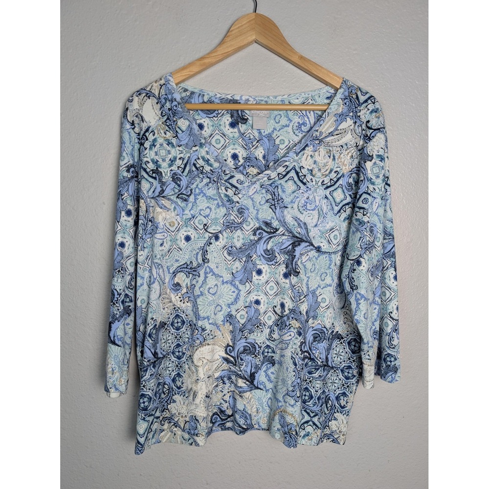 Chico's Tunic Womens 3 Blue V-Neck Long Sleeve Paisley Jersey Relaxed Fit